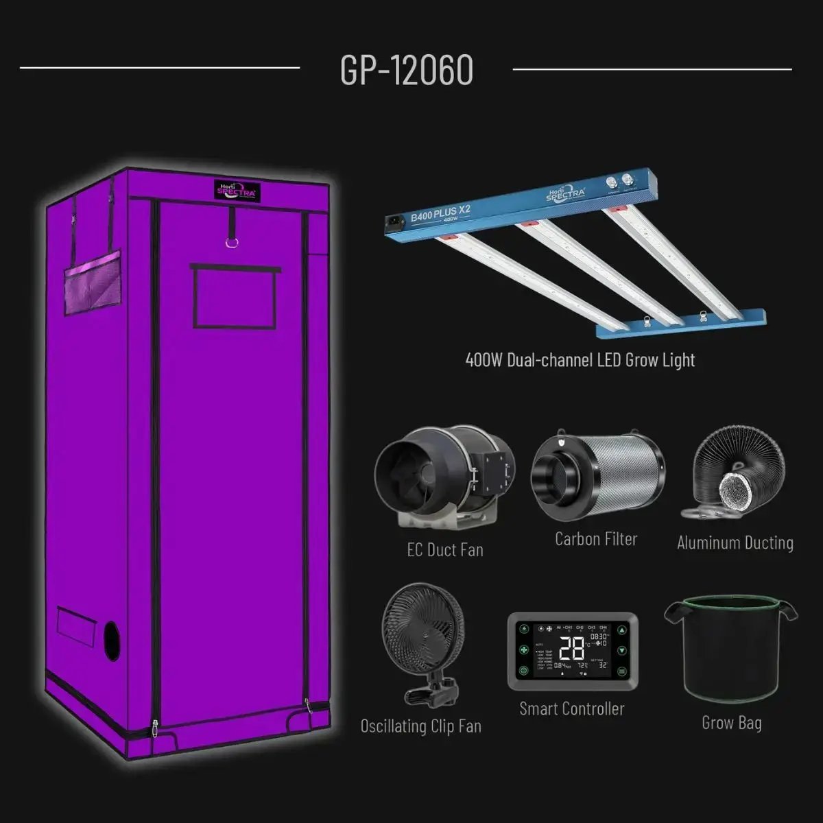 Kit de culture complet HortiSpectra 120x60x180cm avec tente violette, LED 400W, extracteur EC, filtre à charbon et contrôleur WiFi. Idéal pour jardinage intérieur.