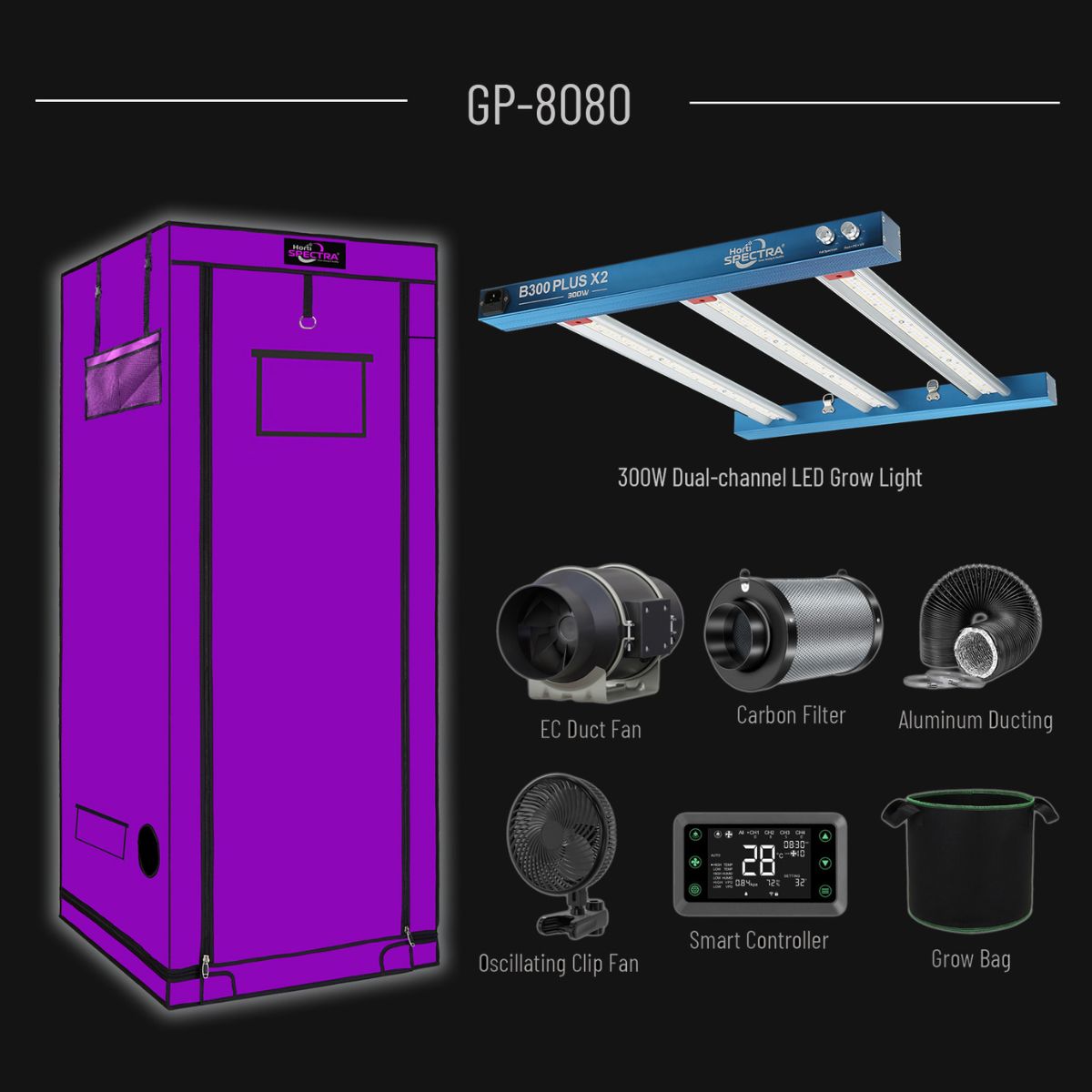 Kit de culture complet HortiSpectra 120x60x180cm avec tente 80x80x180 cm, LED 300W, ventilation et contrôleur intelligent WiFi.