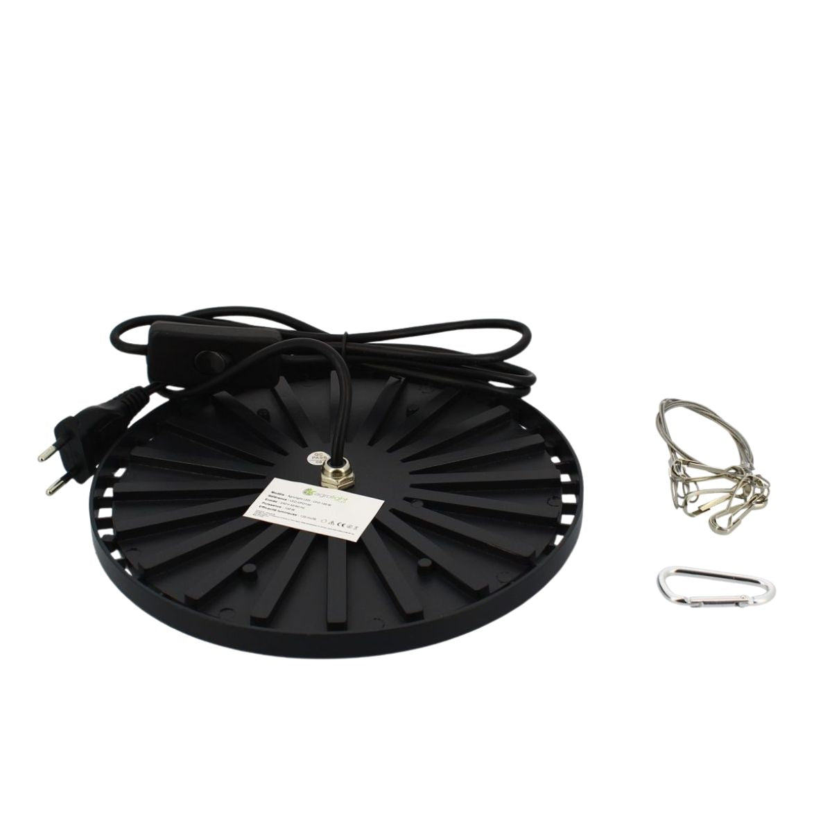 Vue arrière de la lampe Agrolight LED UFO 100W avec câble, interrupteur et accessoires de suspension