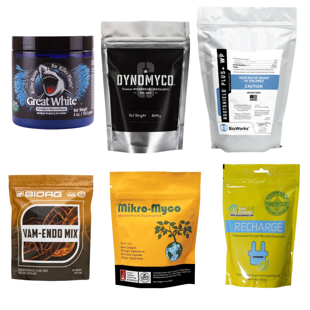 Une sélection de six produits de champignons mycorhiziens et d'inoculants microbiens pour plantes, comprenant Great White, DYNOMYCO, RootShield Plus WP, VAM-Endo Mix, Mikro-Myco et Recharge.