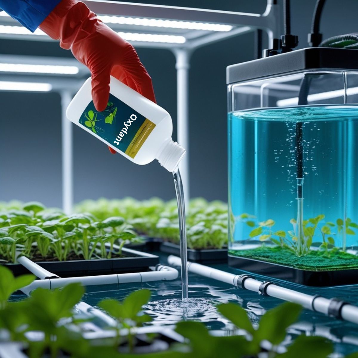 Main gantée versant une solution oxydante dans un réservoir hydroponique relié à un système de culture.