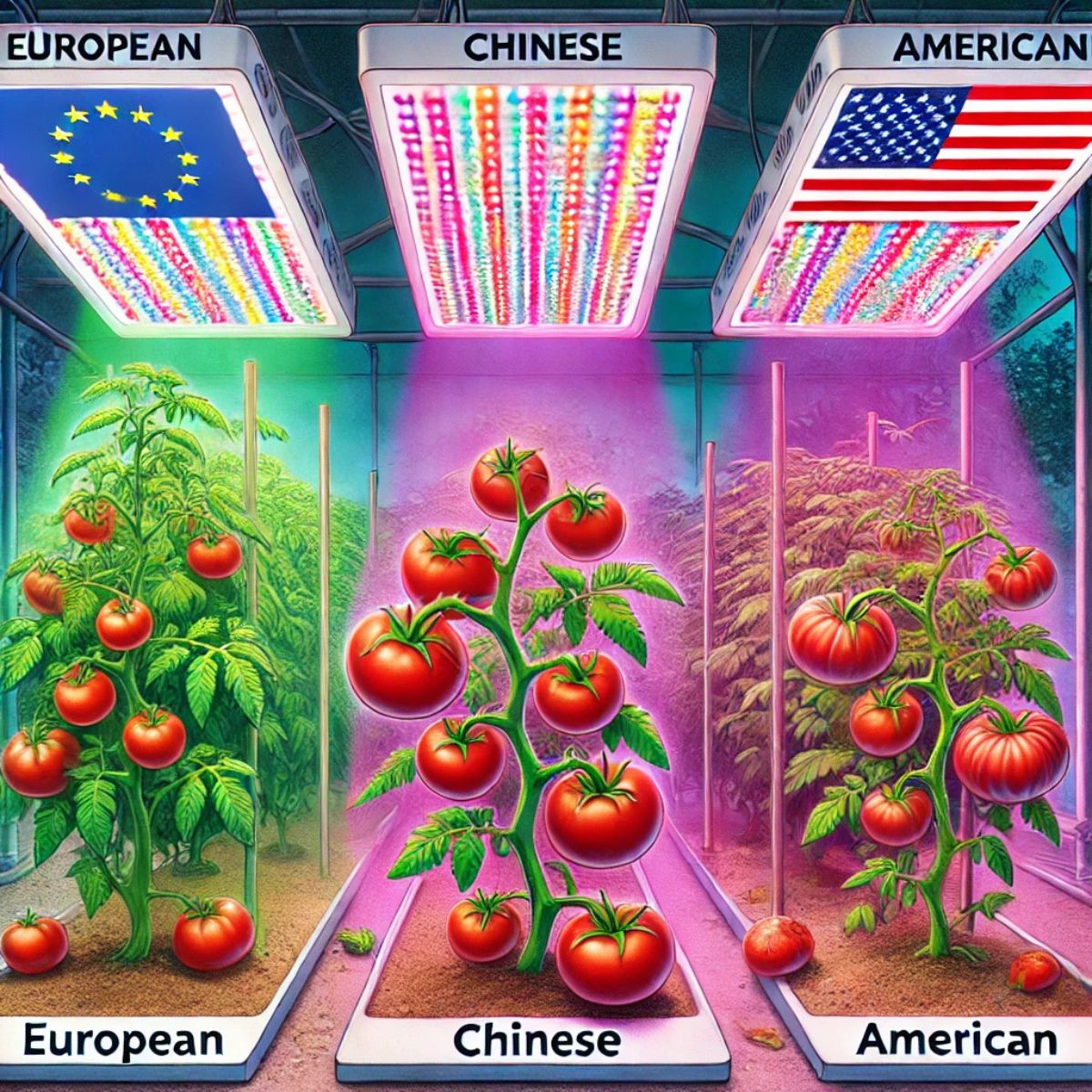Illustration comparant les lampes de culture européennes, chinoises et américaines sur des plants de tomates. La lumière européenne favorise des tomates saines, tandis que les autres causent une croissance irrégulière.
