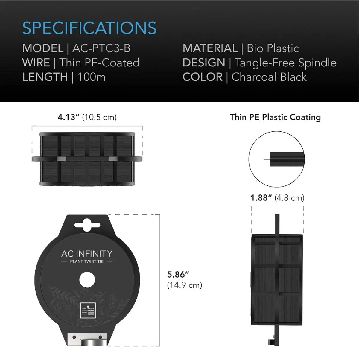 Spécifications du fil twist tie AC Infinity