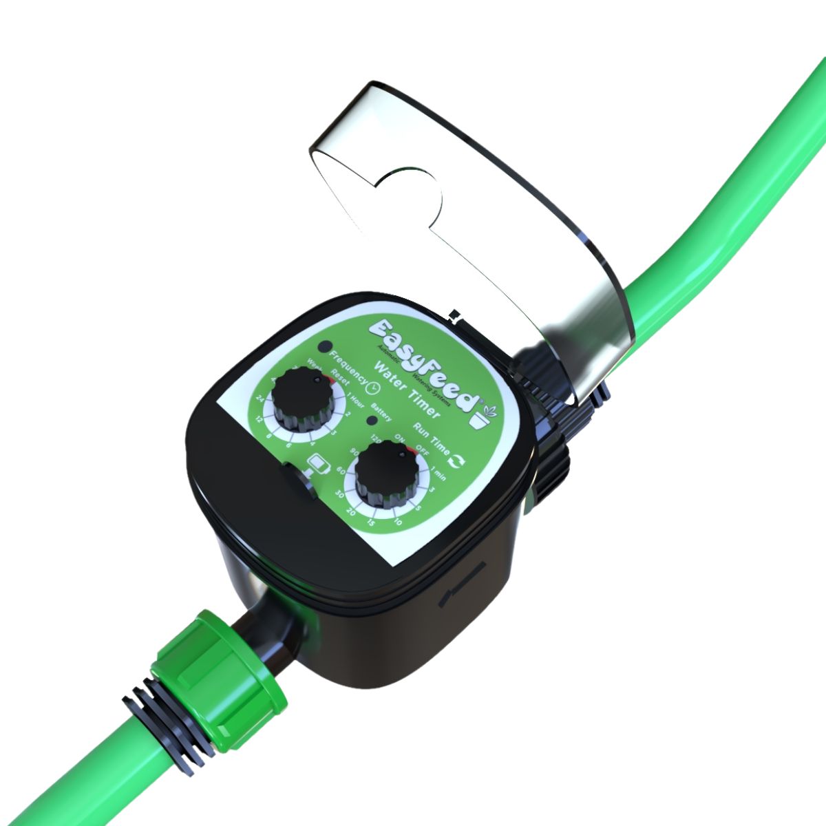 Minuterie d'arrosage automatique EasyFeed avec deux cadrans de contrôle pour programmer la fréquence et la durée d'arrosage. Idéale pour systèmes hydroponiques et jardins intérieurs.
