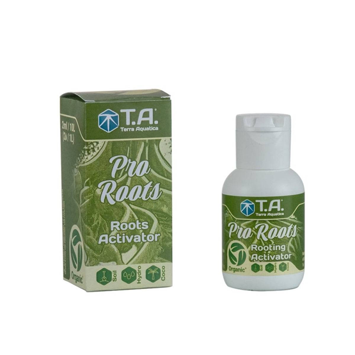 Bouteille de Terra Aquatica Pro Roots 60ml avec son emballage, idéal pour stimuler et renforcer les racines dans tous types de cultures.